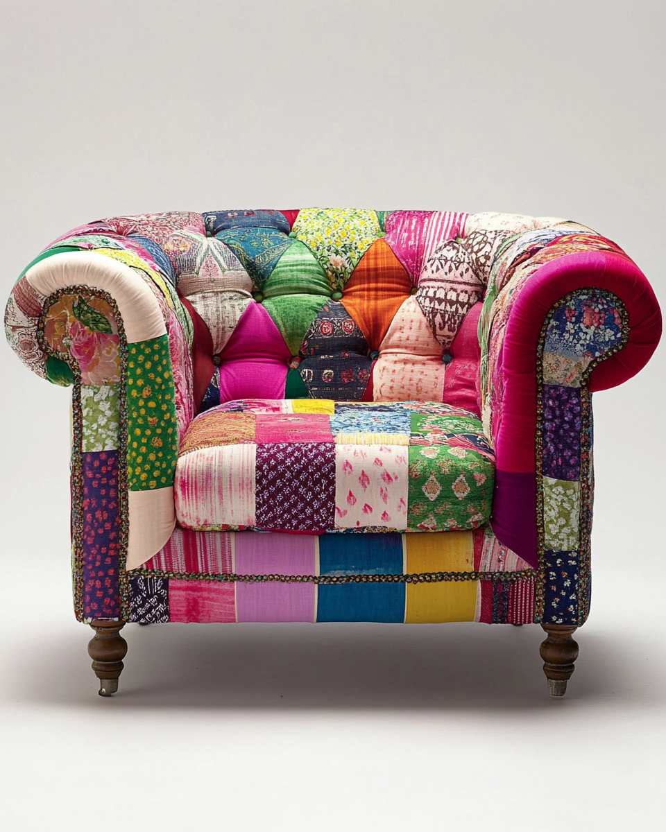 Sillón Chester tapizado en patchwork rosa multicolor con respaldo capitoné y patas de madera