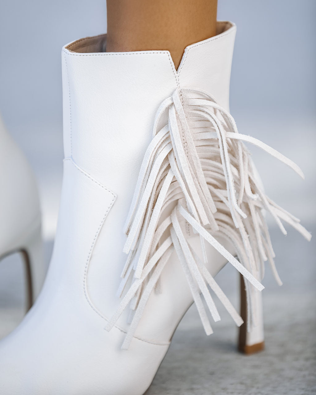 Karson Faux Leather Heeled Fringe Bootie - White - SALE - Se7enfashion