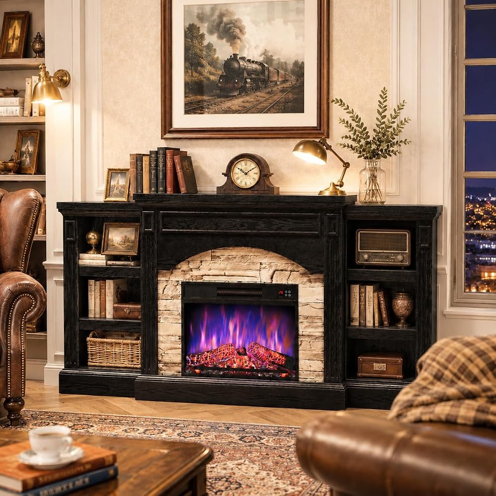 70" Electric Fireplace TV Stand with Mantel, 80" TV, Retro Black