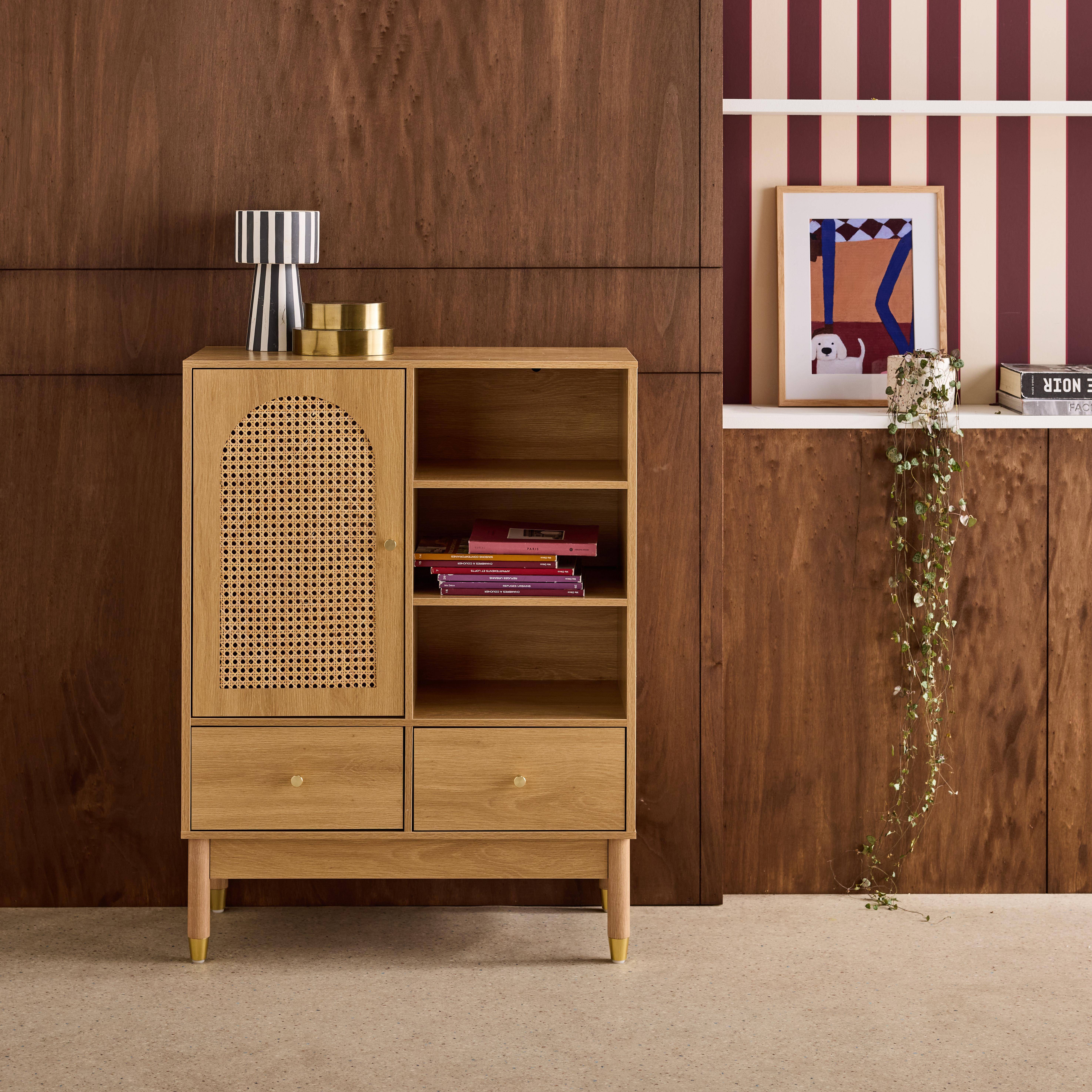 Judith - Aparador con decoración de madera y mimbre 1 puerta, 75cm