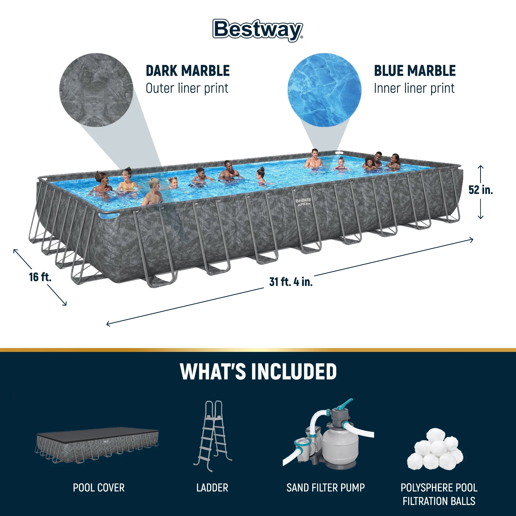 Bestway APX 365 31'4" x 16' x 52" Rectangular Above Ground Swimming Pool - image 5