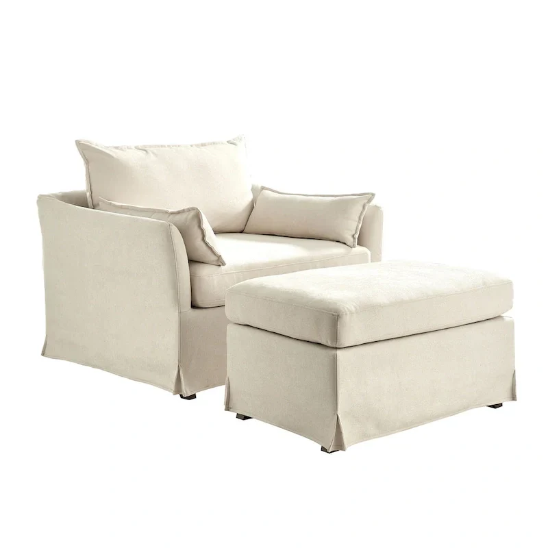 Sophie Contemporary Oversized Slipcovered Armchair and Ottoman with Lockable Rear Wheels