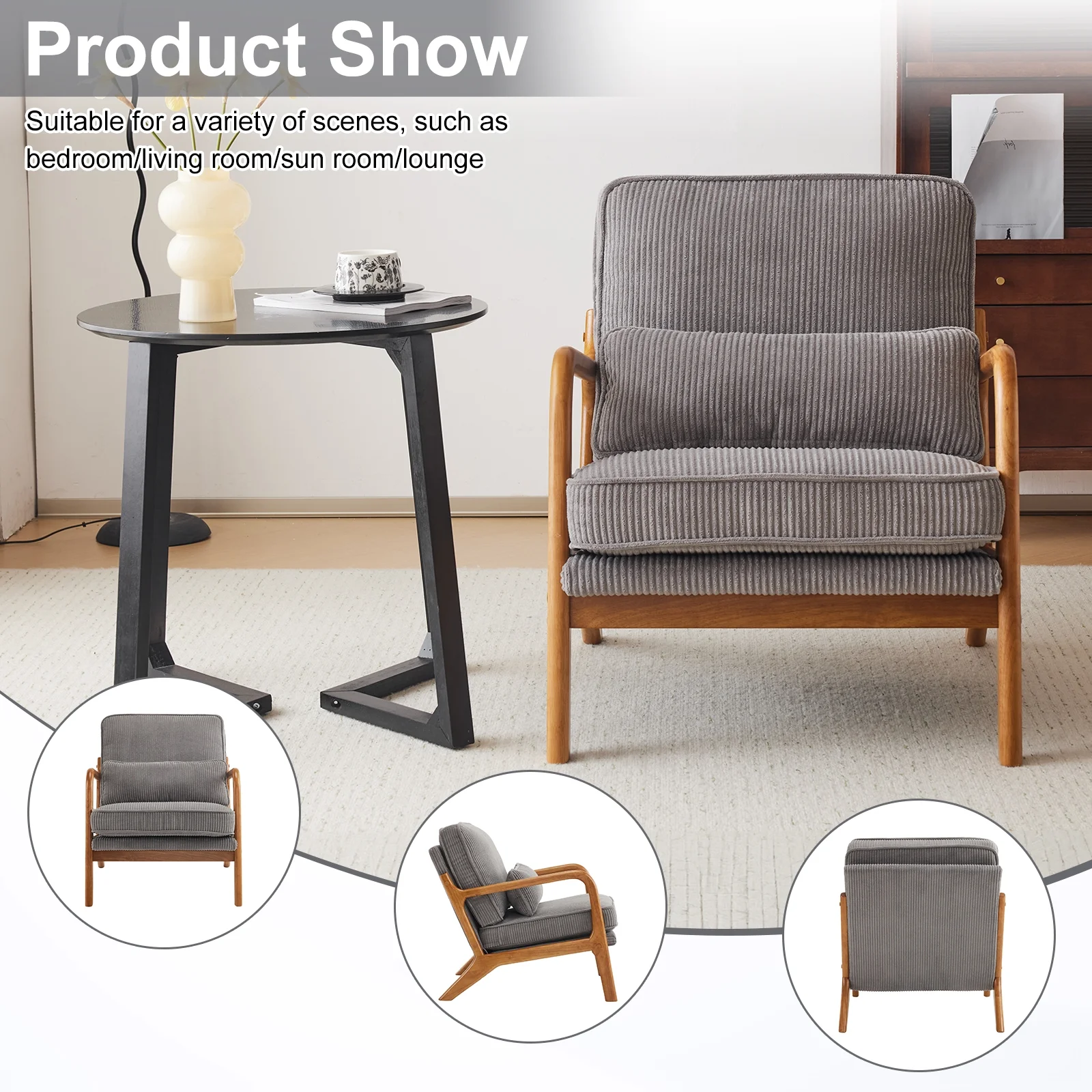 Ktaxon Accent Chair Corduroy Upholstered Armchair, Reading Club Chair with Pillow and Solid Wood Frame for Living Room Bedroom Furniture Off White - Image 67
