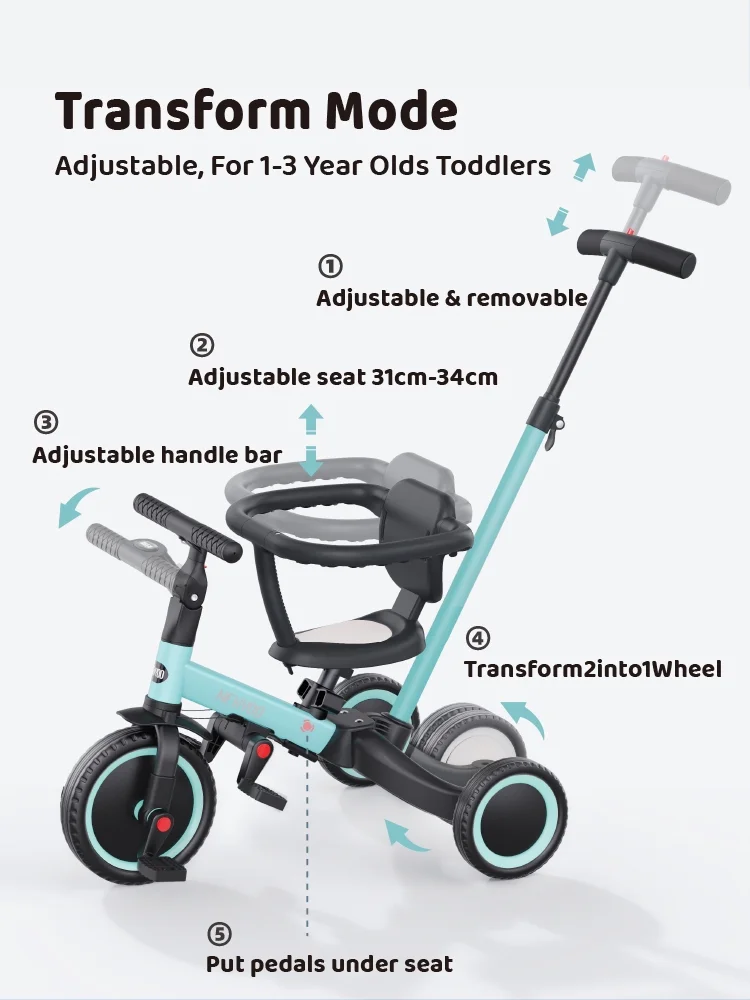 newyoo TR008 5-in-1 Toddler Tricycle with Push Handle, Converts to Balance Bike for 1-3 Year Old, Khaki - Image 10