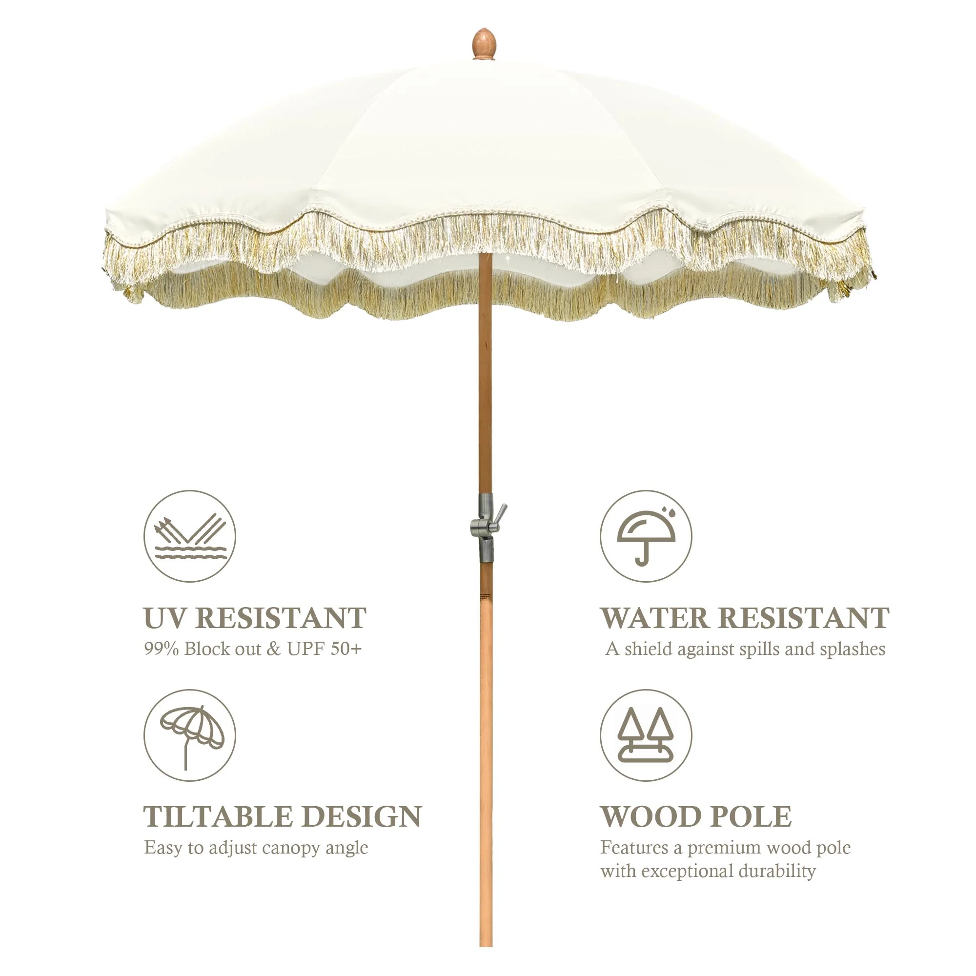 LAGarden 6 Ft Fringe Patio Umbrella with Tassel Jazz Age Wood UPF50+ for Outdoor, Beige with gold tassel,Model: JZ6-01 - Image 9