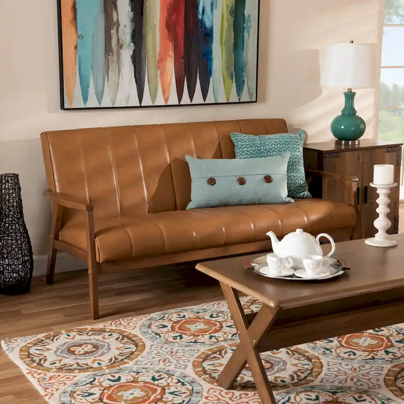 Nikko Tan Faux Leather Sofa with Walnut-Finished Wood Accents