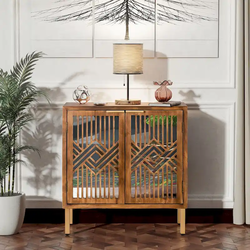 COZAYH Rustic Farmhouse Accent Cabinet with Geometric Mirror Fronts