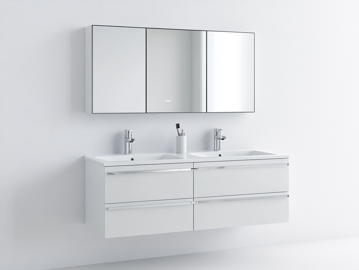 Mueble de baño doble blanco con lavabo doble y espejo armario, diseño moderno flotante