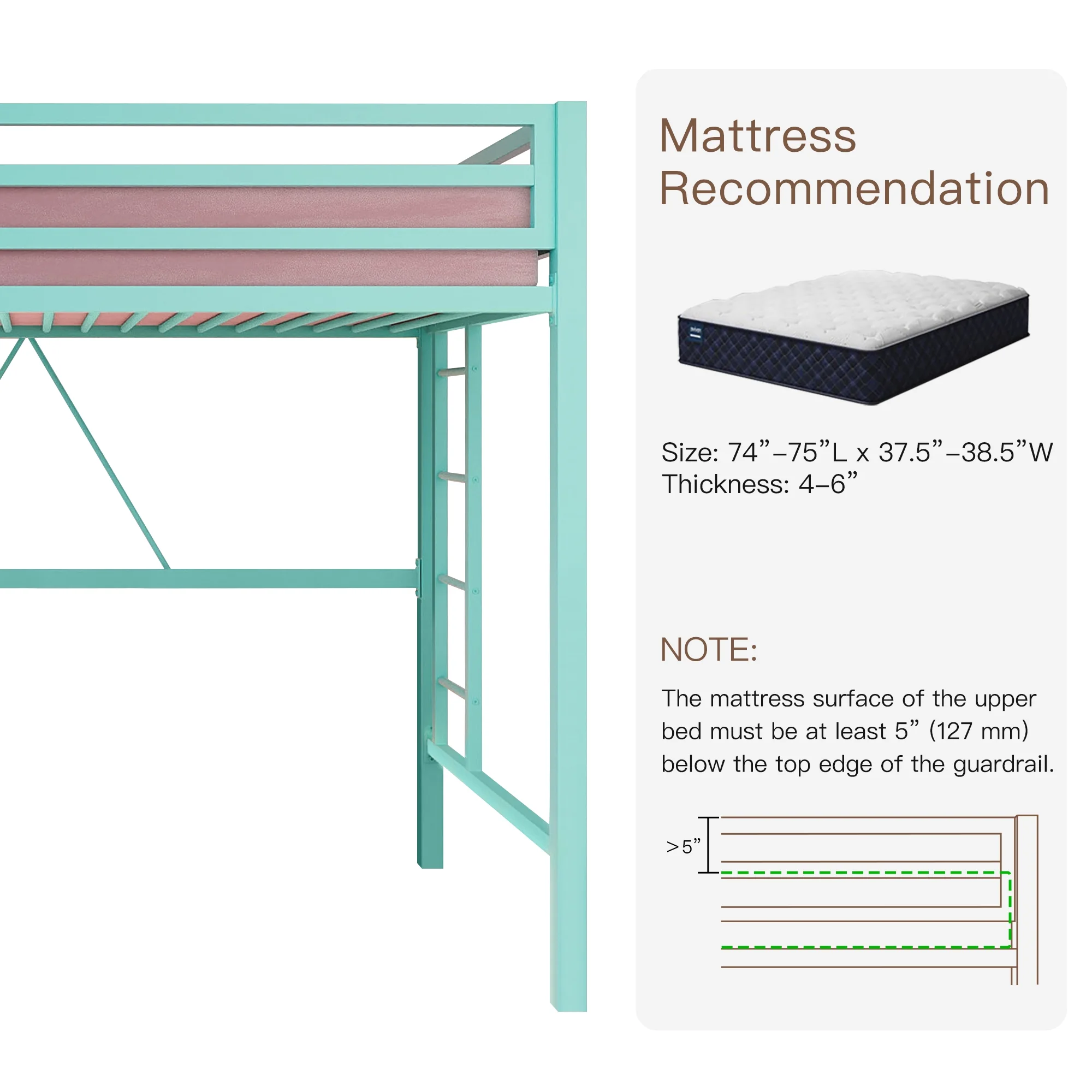 Einfach Metal Twin Size Loft Bed with Removable Ladder & Full-Length Guardrail, White - Image 25