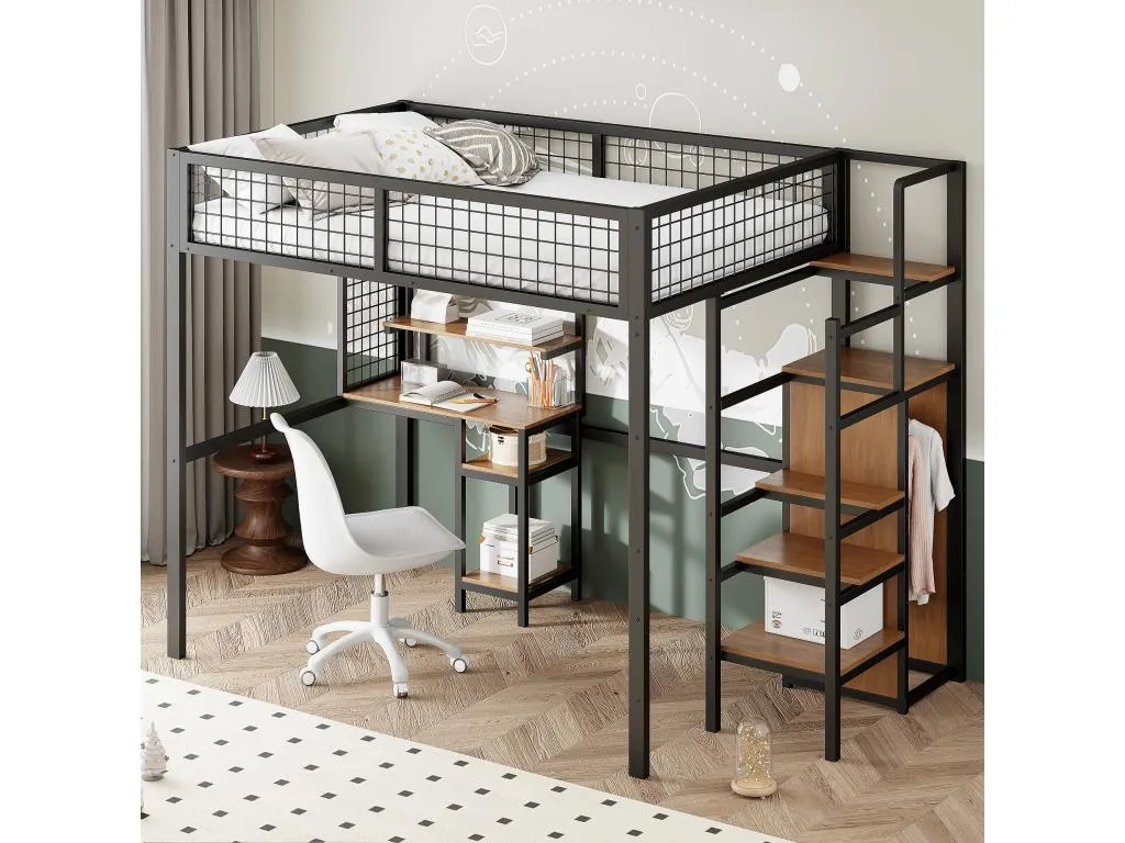 Cama entreplanta infantil 140x200 cm con estructura de hierro - con escalera armario y escritorio - Negro 09846VOJV