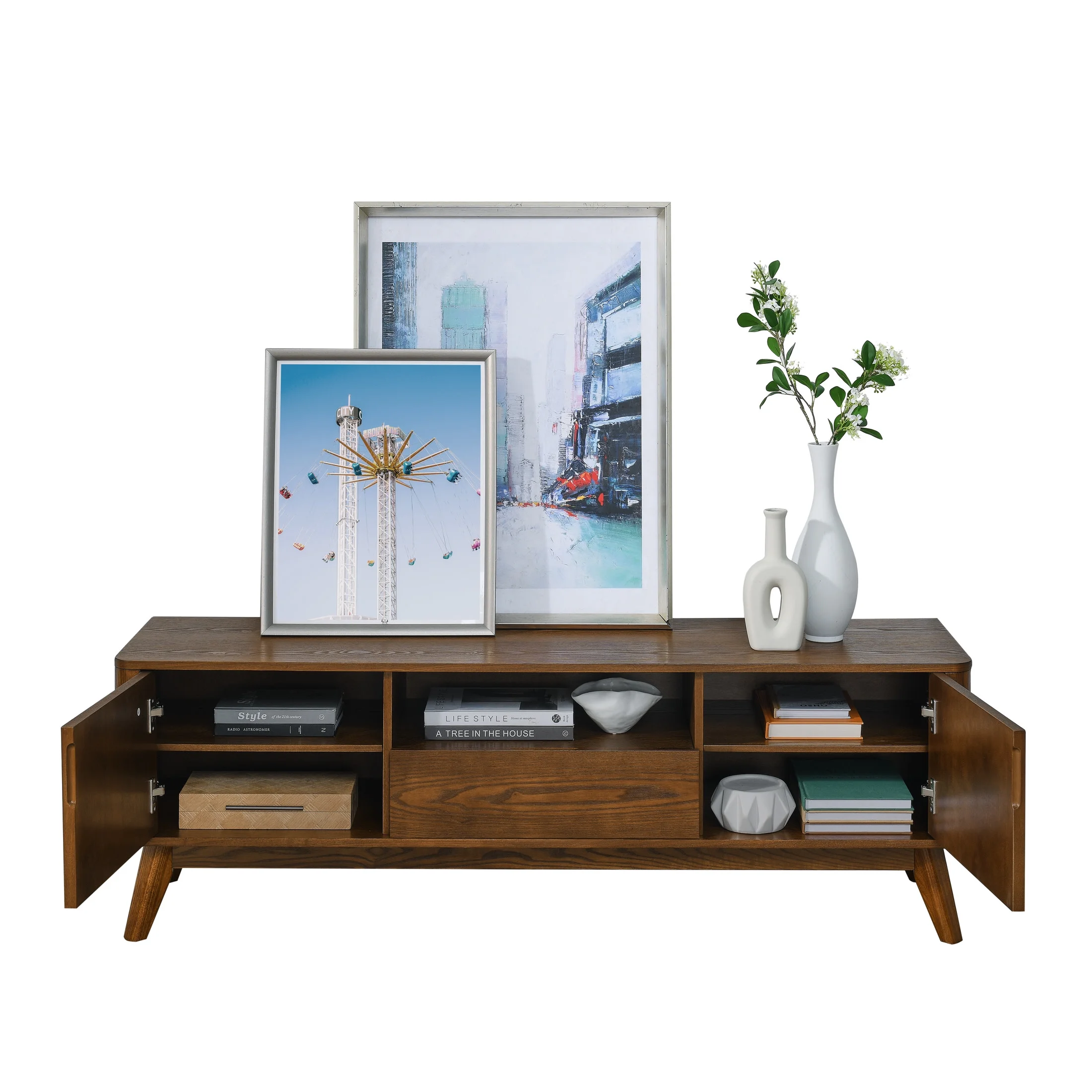Noble House Mid-Century Modern Fluted TV Stand for 65" TV, Entertainment Console with Storage, Solid Wood Legs, Walnut - Image 2