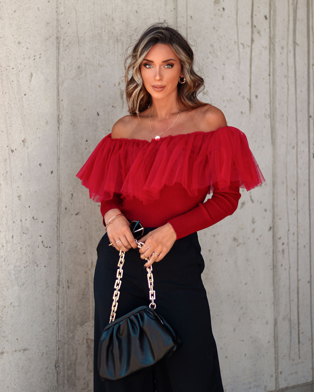 Picture Perfect Glam Ribbed Knit Ruffle Tulle Top - Red - Se7enfashion