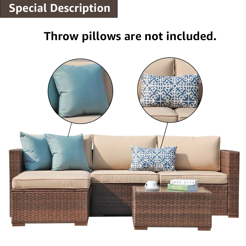 Patiorama 5-Piece Patio Furniture Set, Outdoor Sectional Conversation Set, All-Weather Grey PE Wicker with Light Grey Cushions, Backyard Porch Garden - Image 14