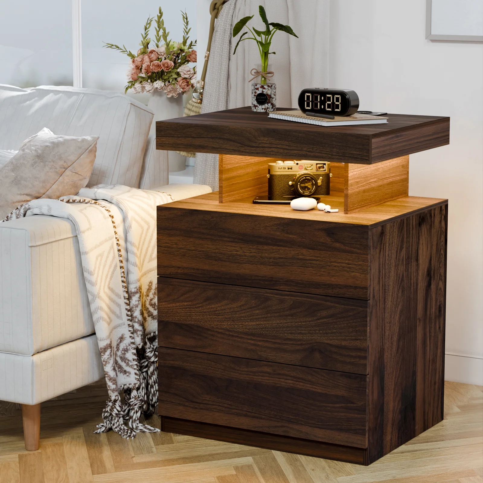 Hommpa LED Nightstand Wireless Charging Station USB Type C Outlets Bedside Table 3 Drawers Black Night Table Modern Smart Nightstand High Gloss End Side Table for Bedroom Furniture 26.8" Tall - Image 18