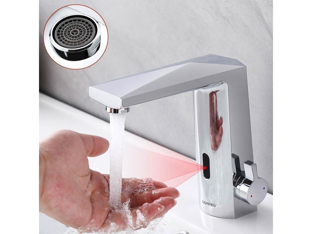 Mubdelu Mezclador Lavabo Sensor Infrarrojo Inteligente Automático,Agua Caliente/Fría,Cromado+Porta Toalla Baño Adhesivo/Perforación,Cepillado