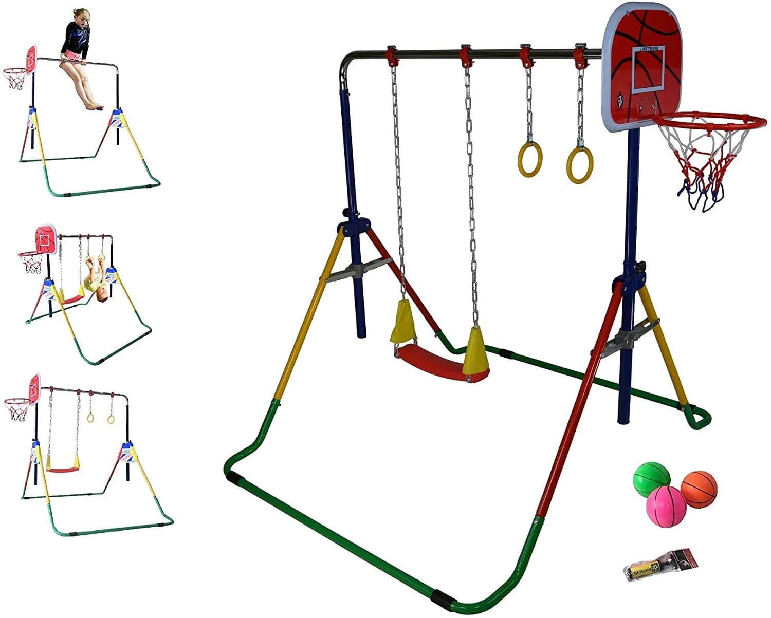 Adjustable Height Gymnastics Bar for Kids Kip Bar 6 in 1 Set, 6'x2' Gymnastic Tumble Mat, Swing Seat, 2 Trapeze Rings, Basketball Hoop, Home Junior Training Monkey Bars Fitness Balance Horizontal Bar - Image 6
