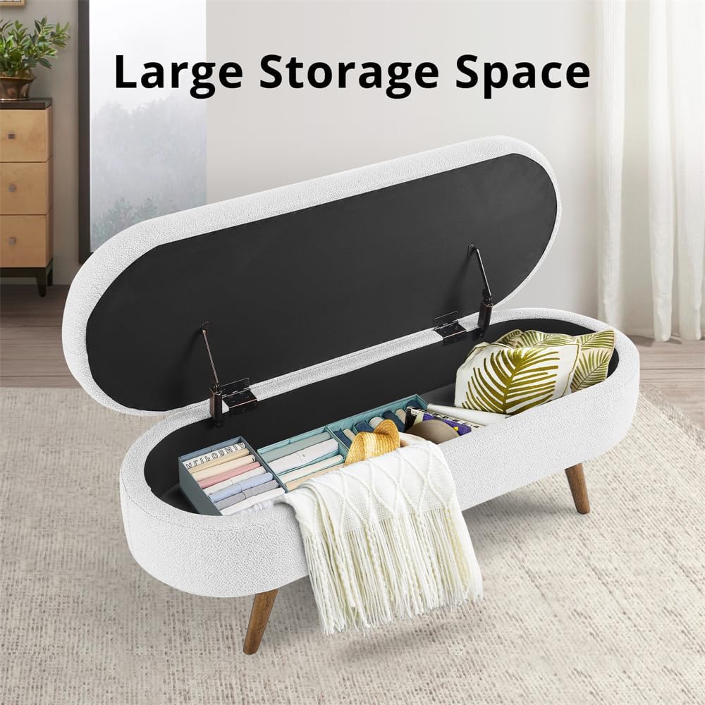Sumdeal 43.5" Storage Ottoman Bench with 250lb Seating, Linen Upholstered Wood Legs Safety Hinge Flip Top Oval Foot Rest Long Stool for Sofa Couch Bedroom End of Bed Living Room Entryway, White - Image 4
