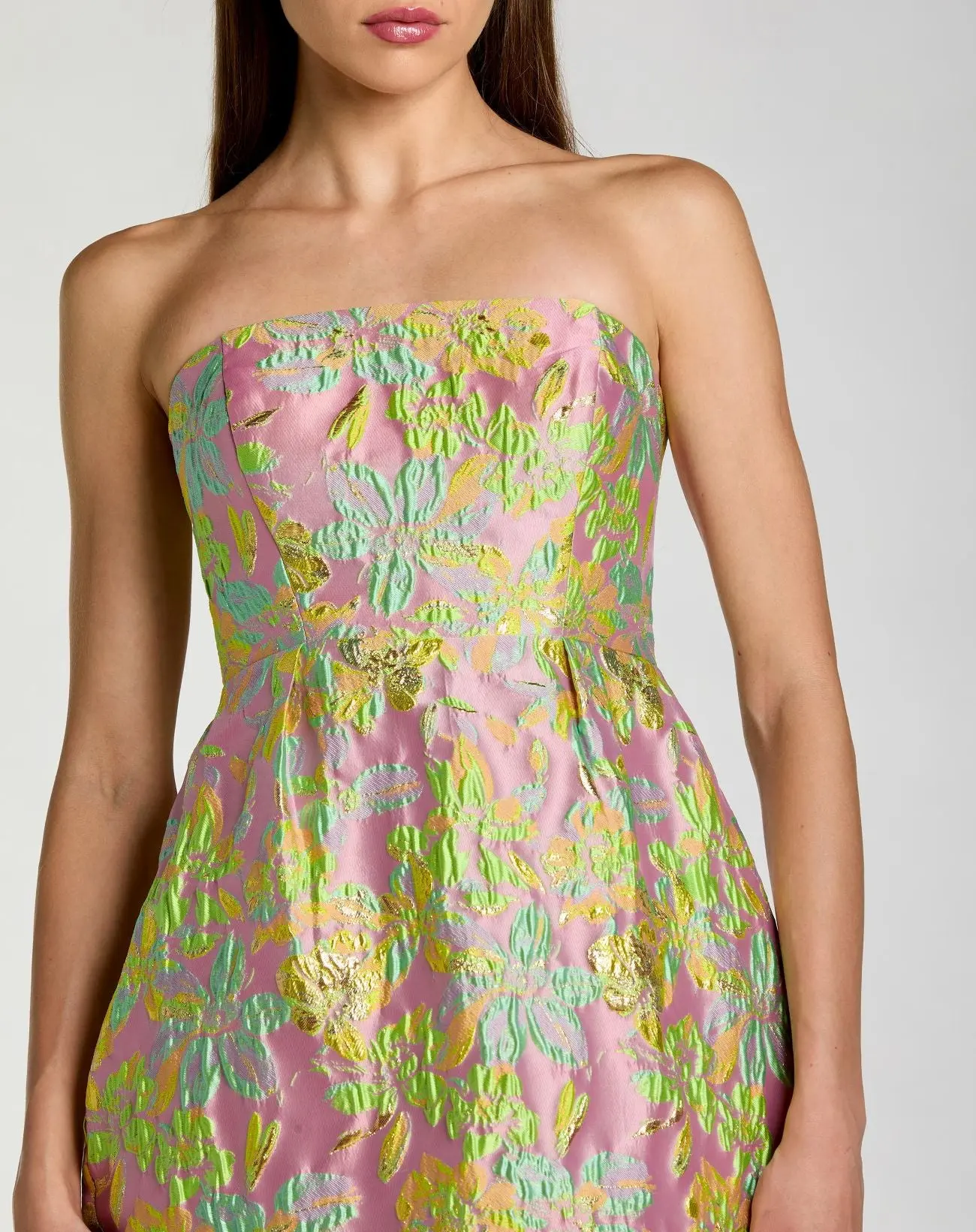 Multicolor Strapless Floral Brocade Midi Dress - Special Events Unlimited
