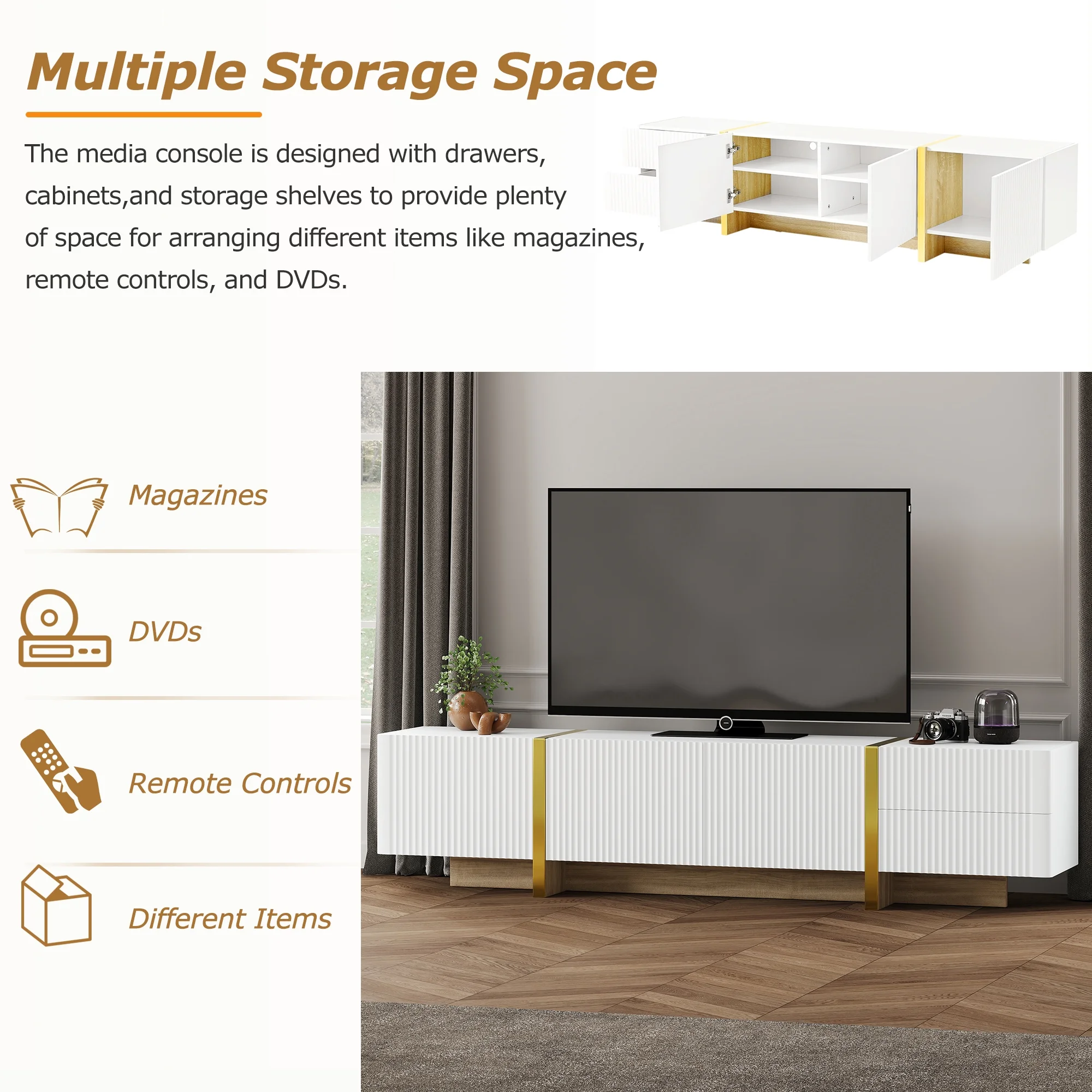 Luxury Fluted TV Stand for TVs Up to 80'', Modern Entertainment Center with Storage Cabinets & Drawers, Smooth Media Console with lden Wood Grain Legs for Living Room, White - Image 6