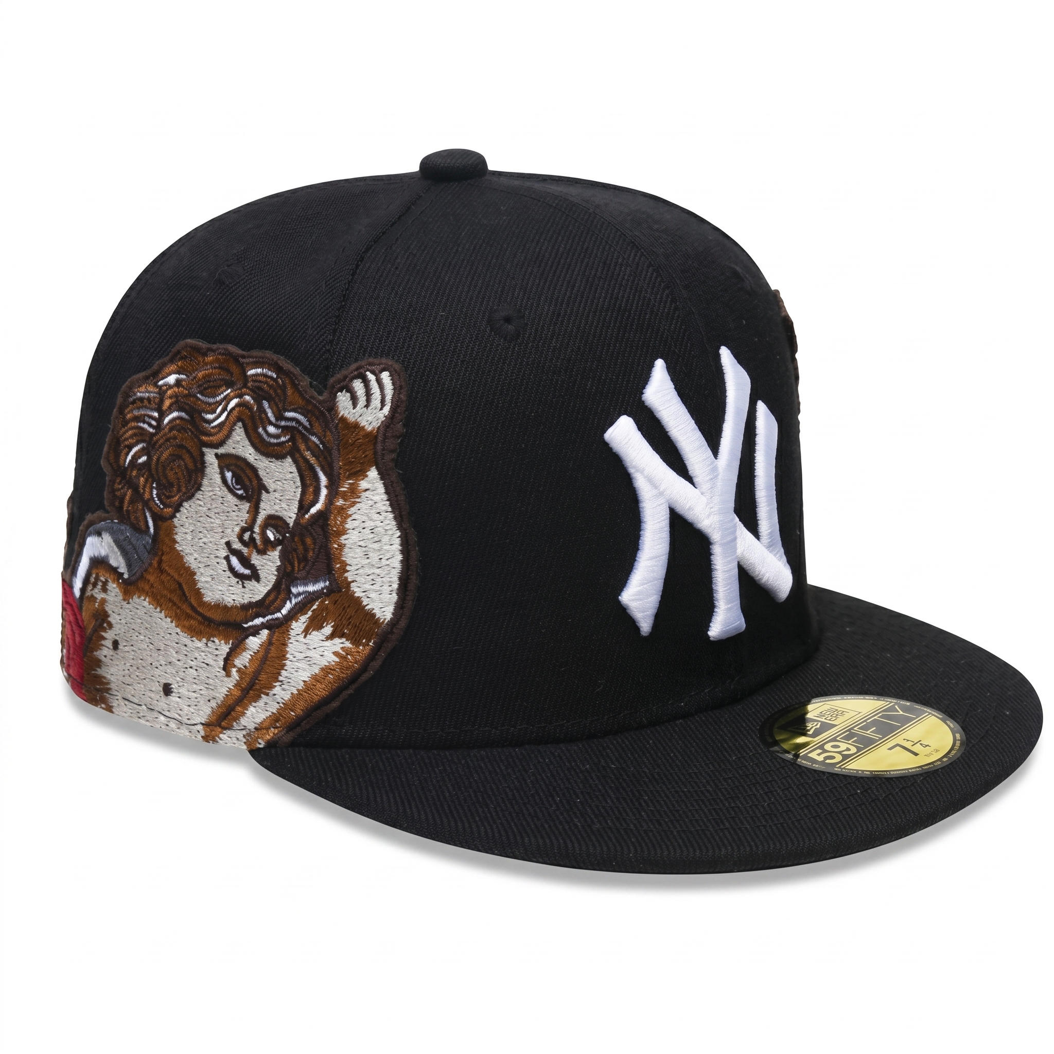 Right angled view of the black Jon Stan New York Yankees 59FIFTY fitted hat, featuring a large embroidered cherub patch on the side panel and a white NY front logo.