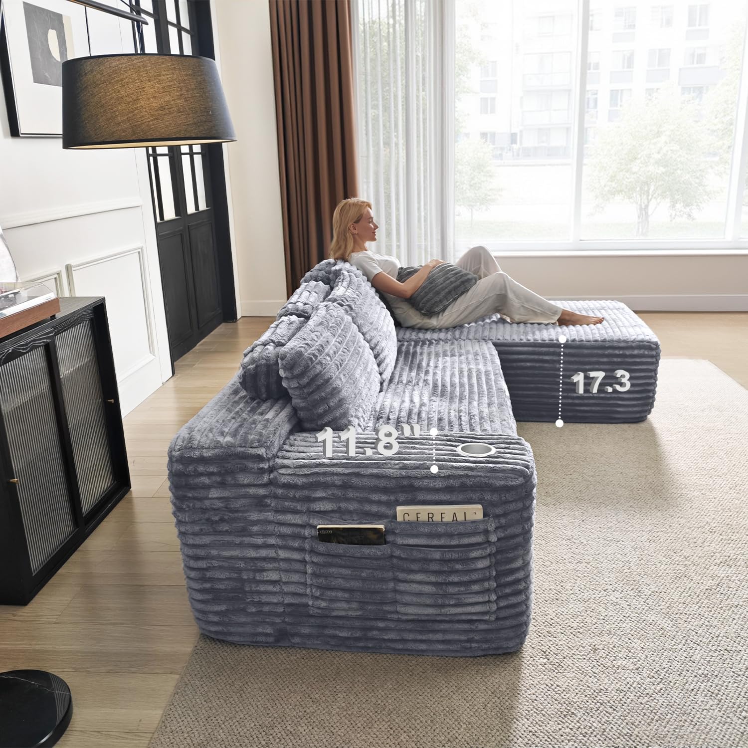 Cloud Sectional Couch with L-Shape Chaise Modern Modular Sofa Deep Seat Built-in Cup Holder