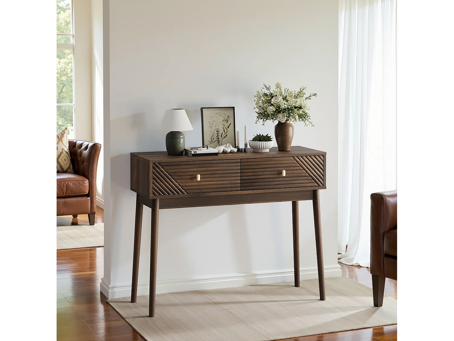 Escritorio Mid-Century, 2 cajones, MDF, nogal (100x35x80 cm)