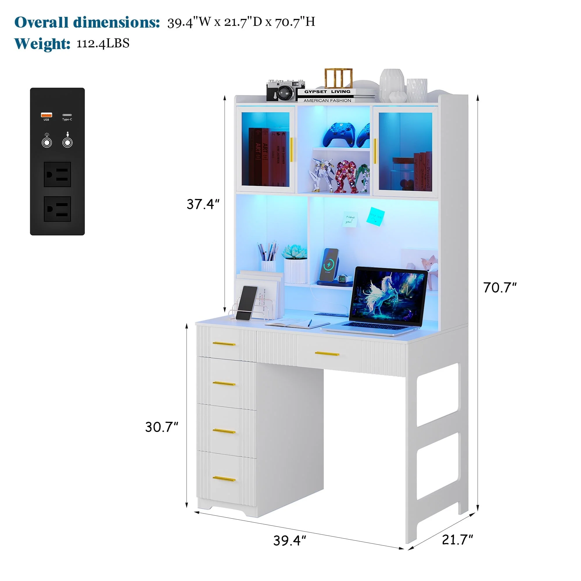 HNEBC LED Study Desk with Hutch and Drawer, Home Office Desk with Outlet, Computer Desk with Charging Station, Writing Desk for Bedroom, Workstation for Small Space - Image 3