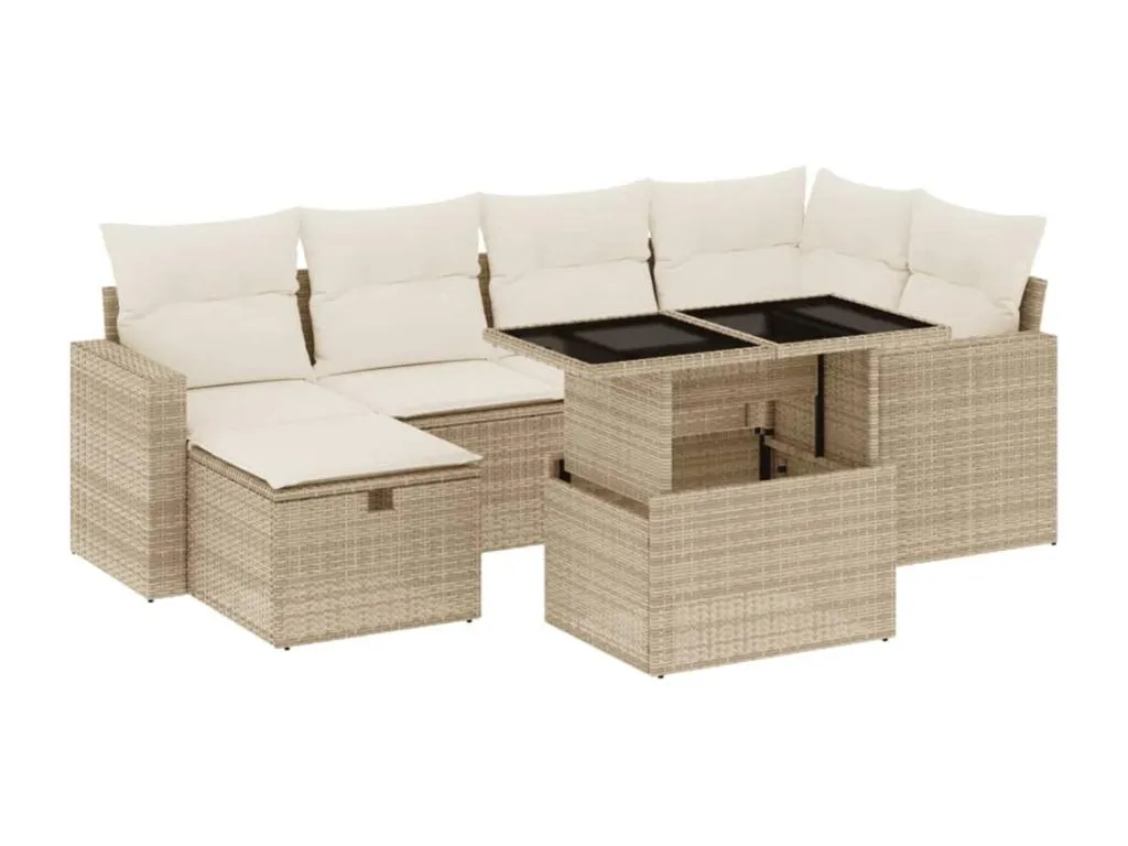 Set sofás de jardín 7 piezas y cojines ratán sintético beige