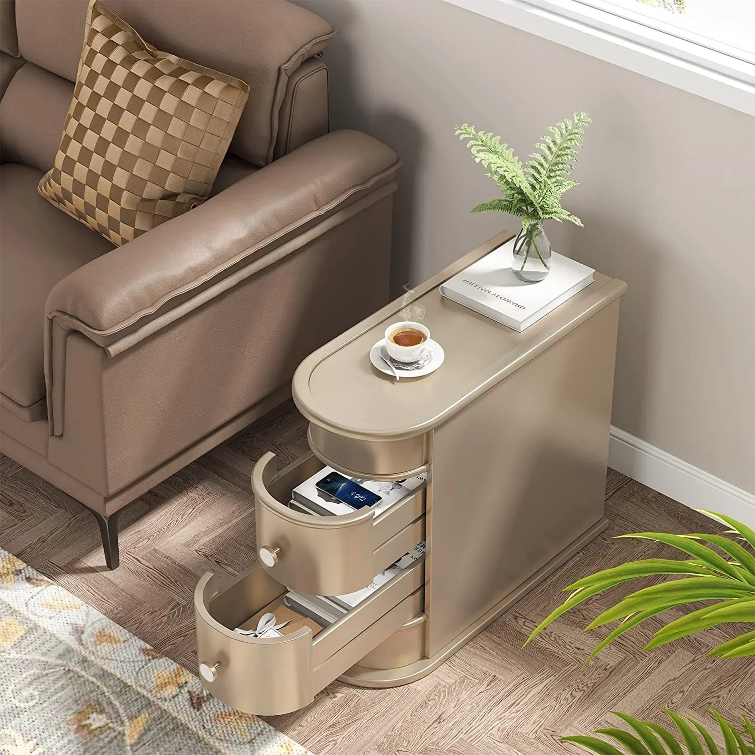 Solid Wood Chairside End Table, Two-Drawer Narrow Side Table Slim