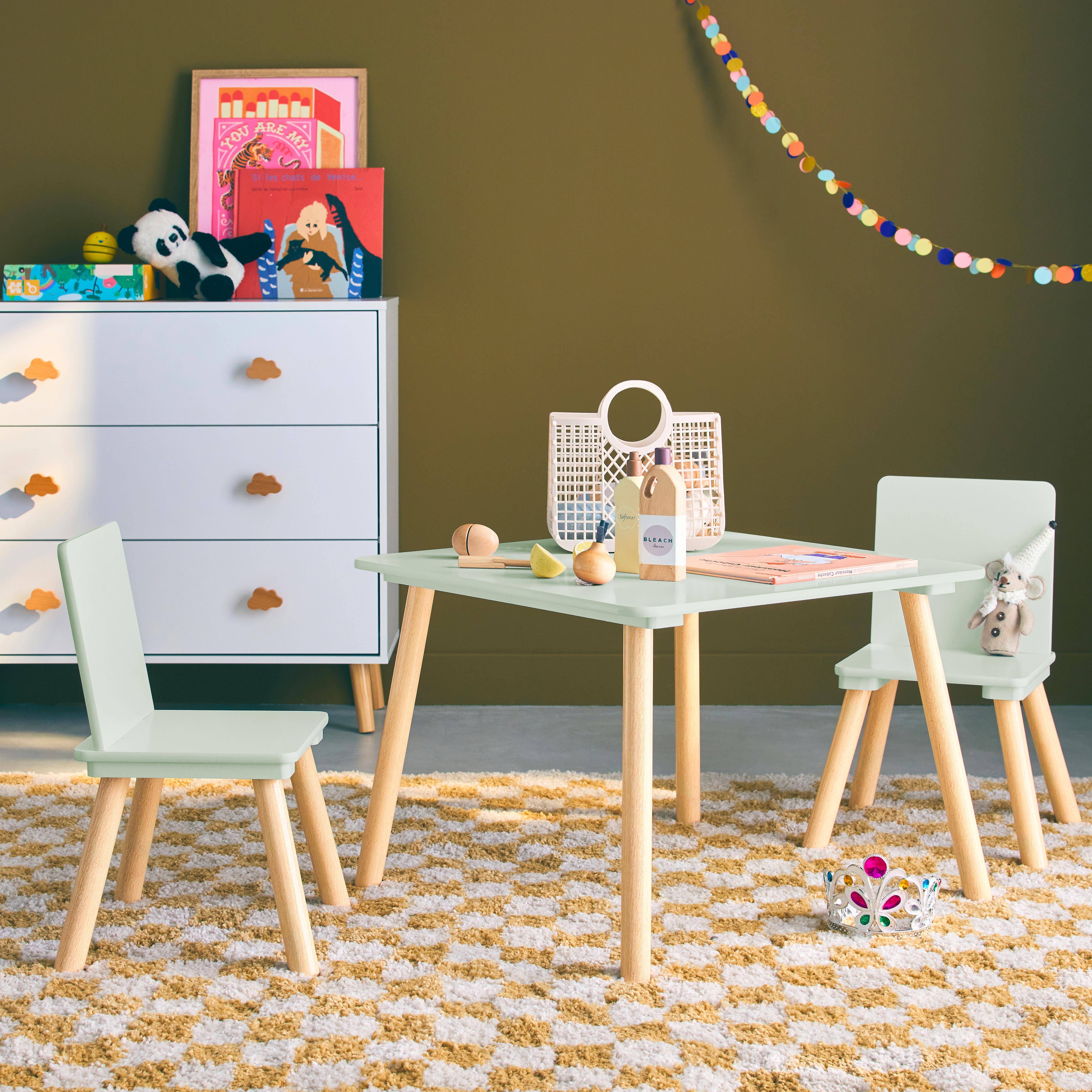 Judith - Mesa cuadrada infantil de madera de pino, 2 sillas