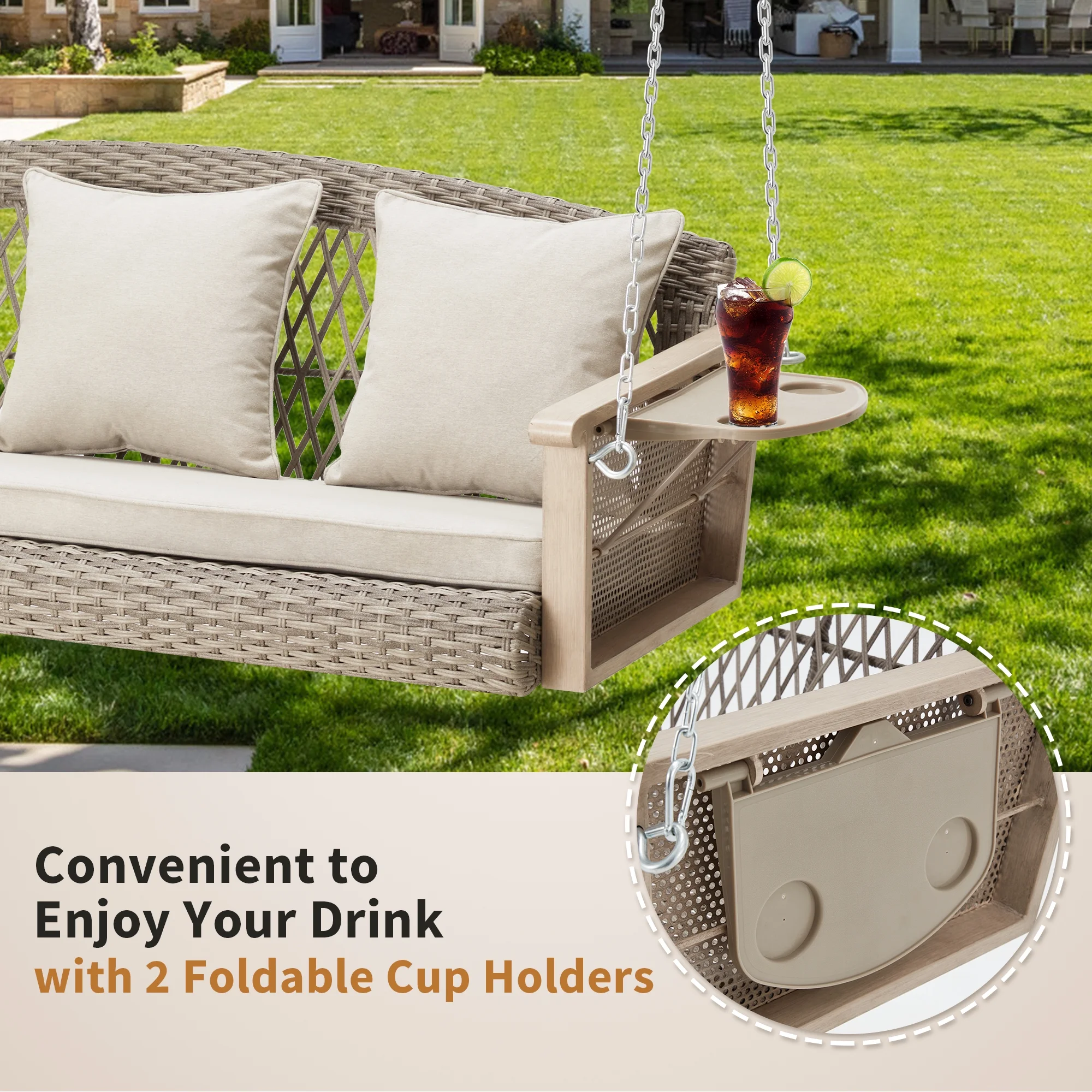 Homrest 3-Person Porch Swing 55in Wicker Hanging Swing Bench with Cushions and Cupholders for Deck, Garden and Backyard, Beige - Image 2