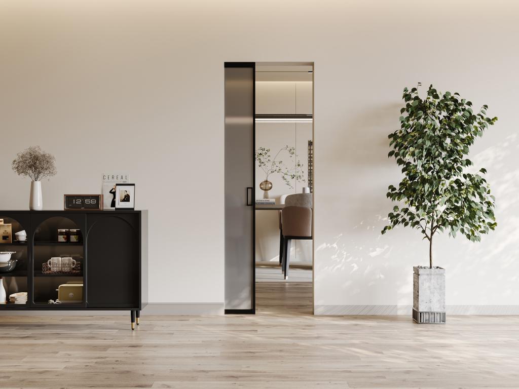 Puerta corredera empotrada - aluminio y cristal templado ahumado mate - Alt. 205 x L63 cm - LINCI II