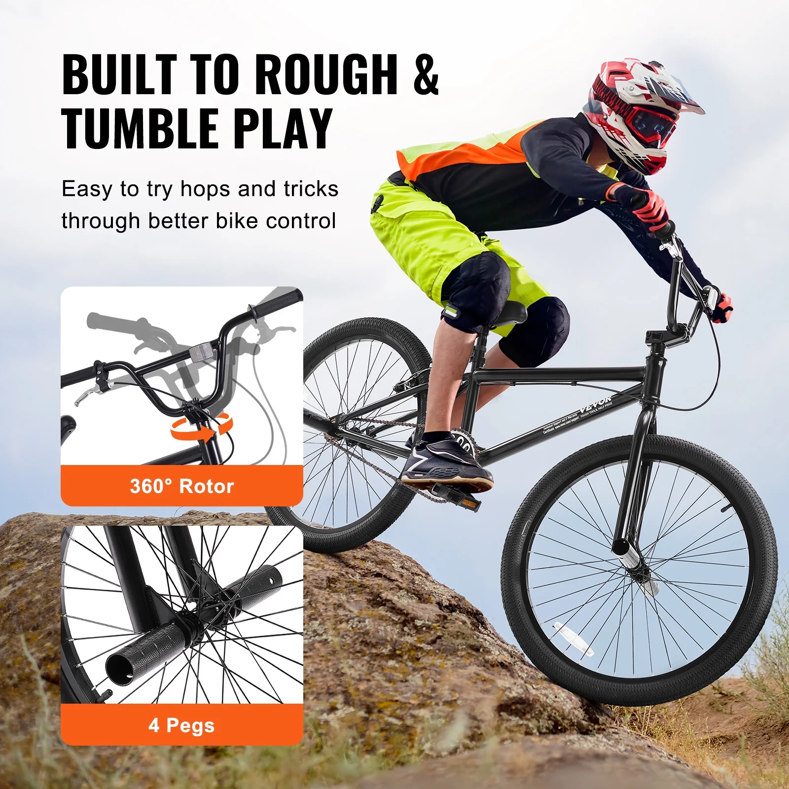 VEVOR BMX Bike, 24-Inch Wheel Freestyle Bike, BMX Race Bike with 4 Pegs, Beginner-Level BMX to Advanced Riders, BMX Bicycles for Teen Adult Men Women, Durable Hi-Ten Steel Frame, Easy to Assemble - Image 3