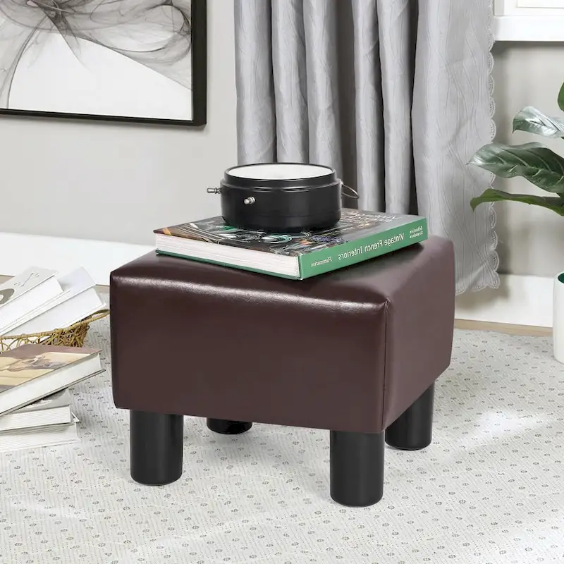 Square Footrest Stool with Upholstered Seat and Wooden Legs