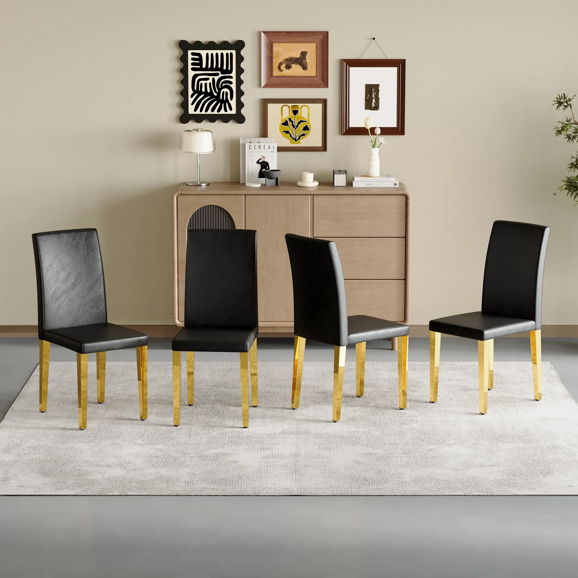 Set of 4 black PU leather backrest chairs with gold metal legs -A perfect pairing, ideal for minimalist and modern home decor styles, with product dimensions of 16.2*18.5*34.6 inches. - Image 3