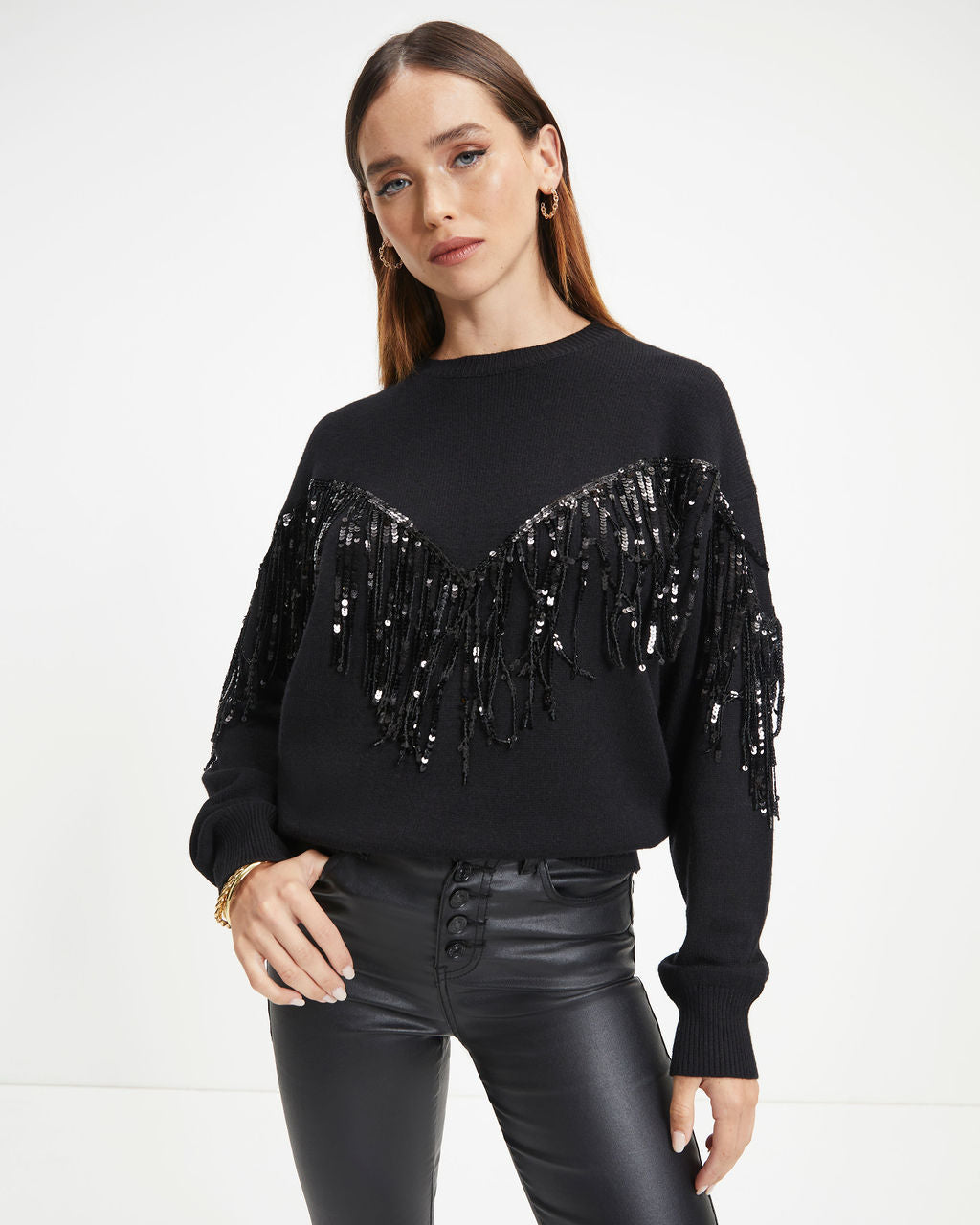 Western Glam Knit Fringe Sequin Pullover Sweater - Black - Se7enfashion