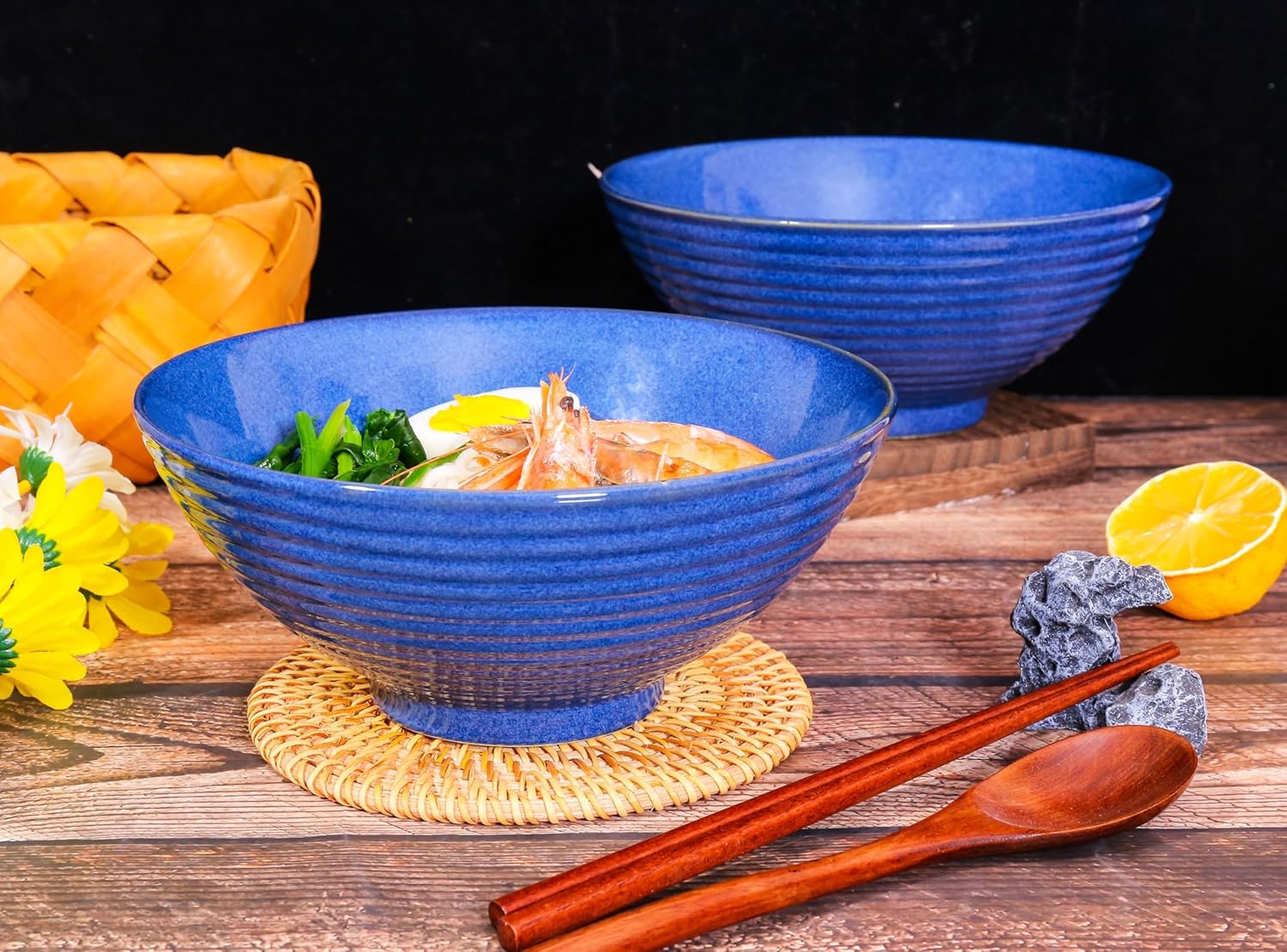 2x Ceramic Ramen Bowls - 40 oz - 20cm - With Spoon and Chopsticks for Ramen Soup Pho Udon Asian Noodles, Large Noodle Bowls (Blue glaze 2 sets)