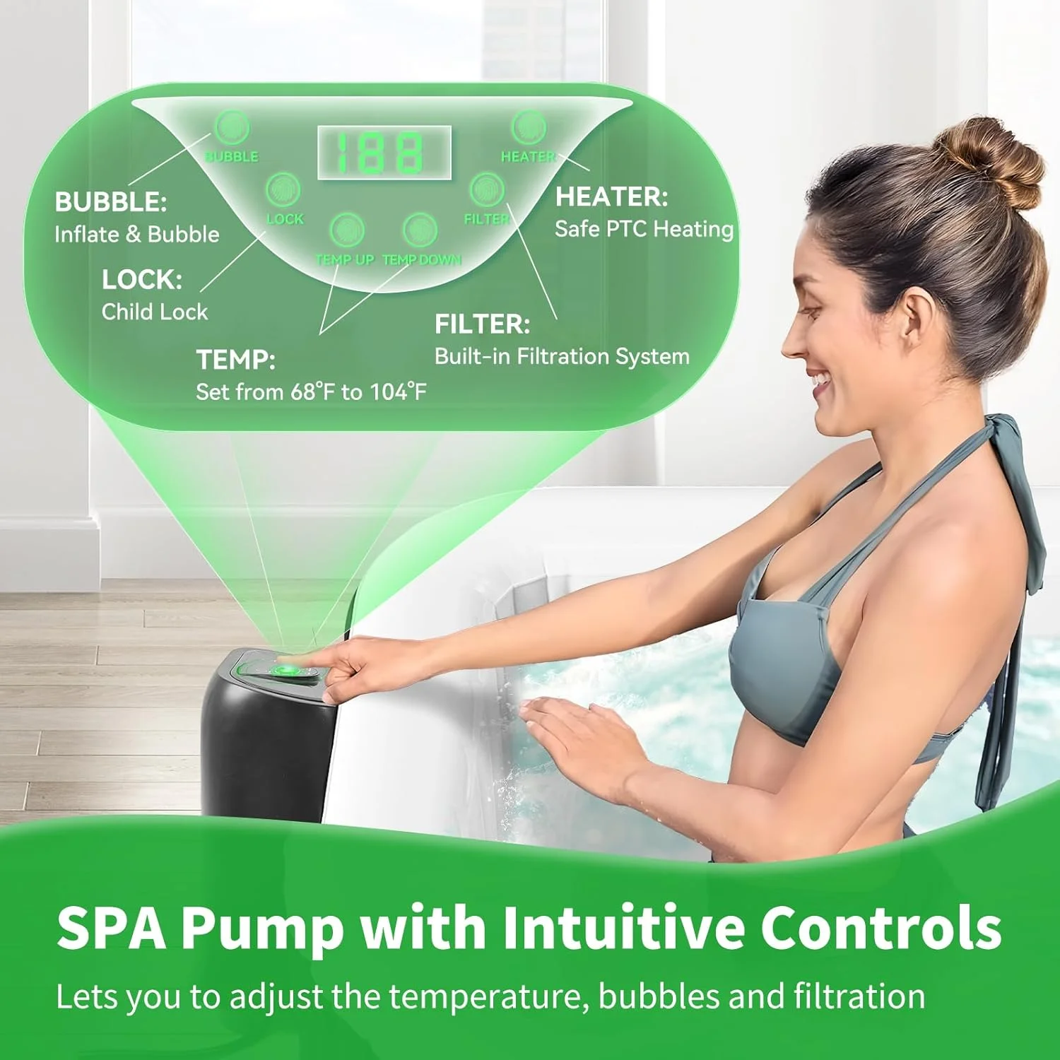 Sunyrisy 4-6 Person Inflatable Hot Tub, Square Blow Up Portable Hot Tub, Leak-Proof PVC Outdoor Spa with 130 Strong Air Jets, Heater Pump and Insulated Cover, 73- X 73-X 25- - Image 8