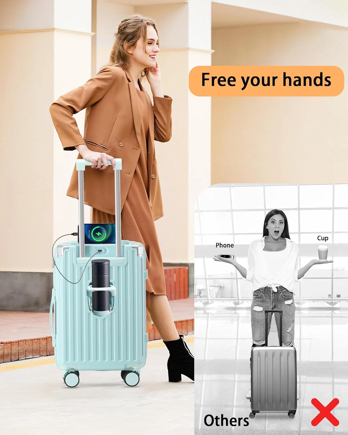 20 Inch Carry On Luggage With Cup Holder & USB Port, Airline Approved TSA-locked Luggage, Lightweight PC Material Travel Suitcase With 360- Spinner Wheel - Image 19