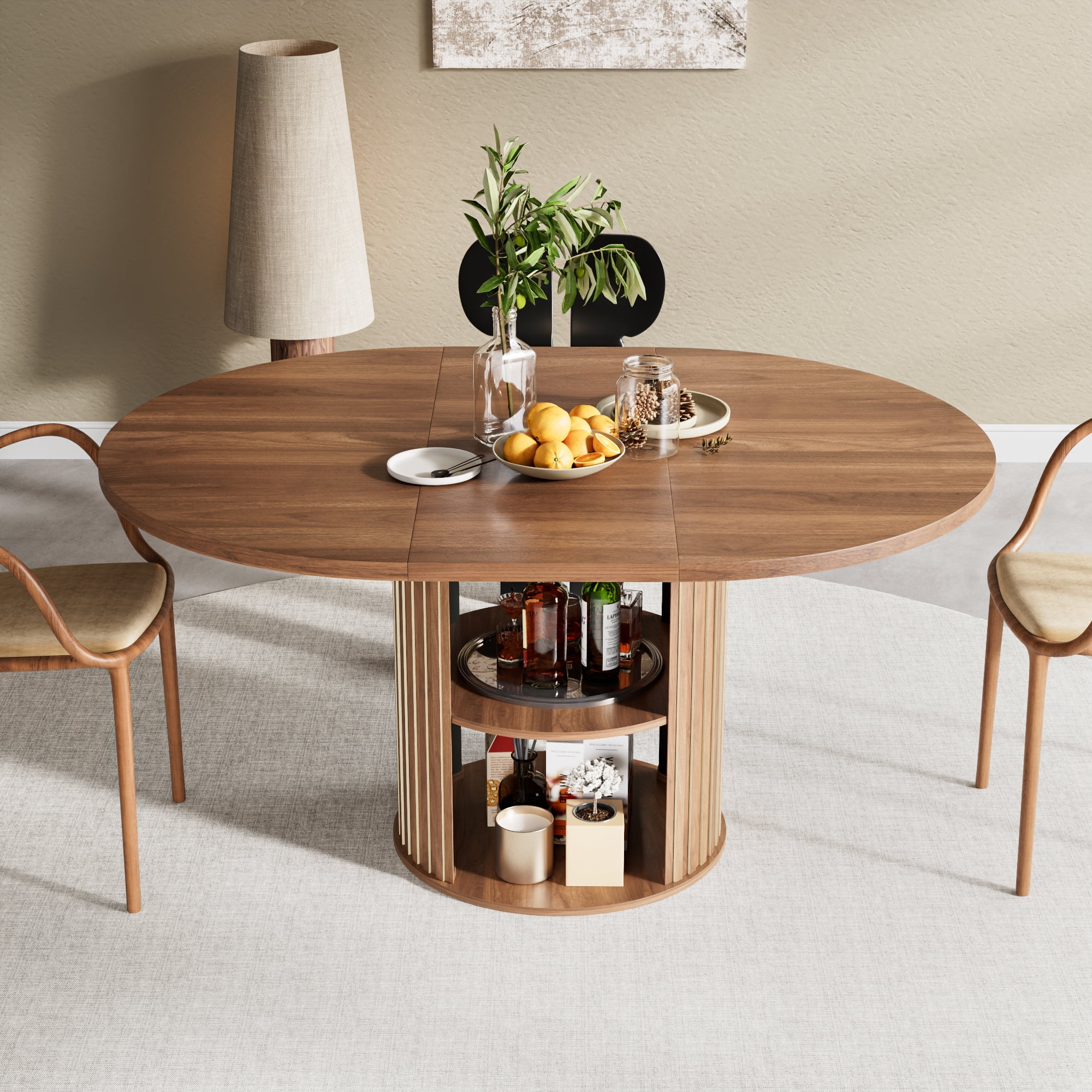 Extendable Dining Table for 4-6, Round Kitchen Table with Storage Shelf, Oval Dining Tables for Living Room (Walnut) - Image 6