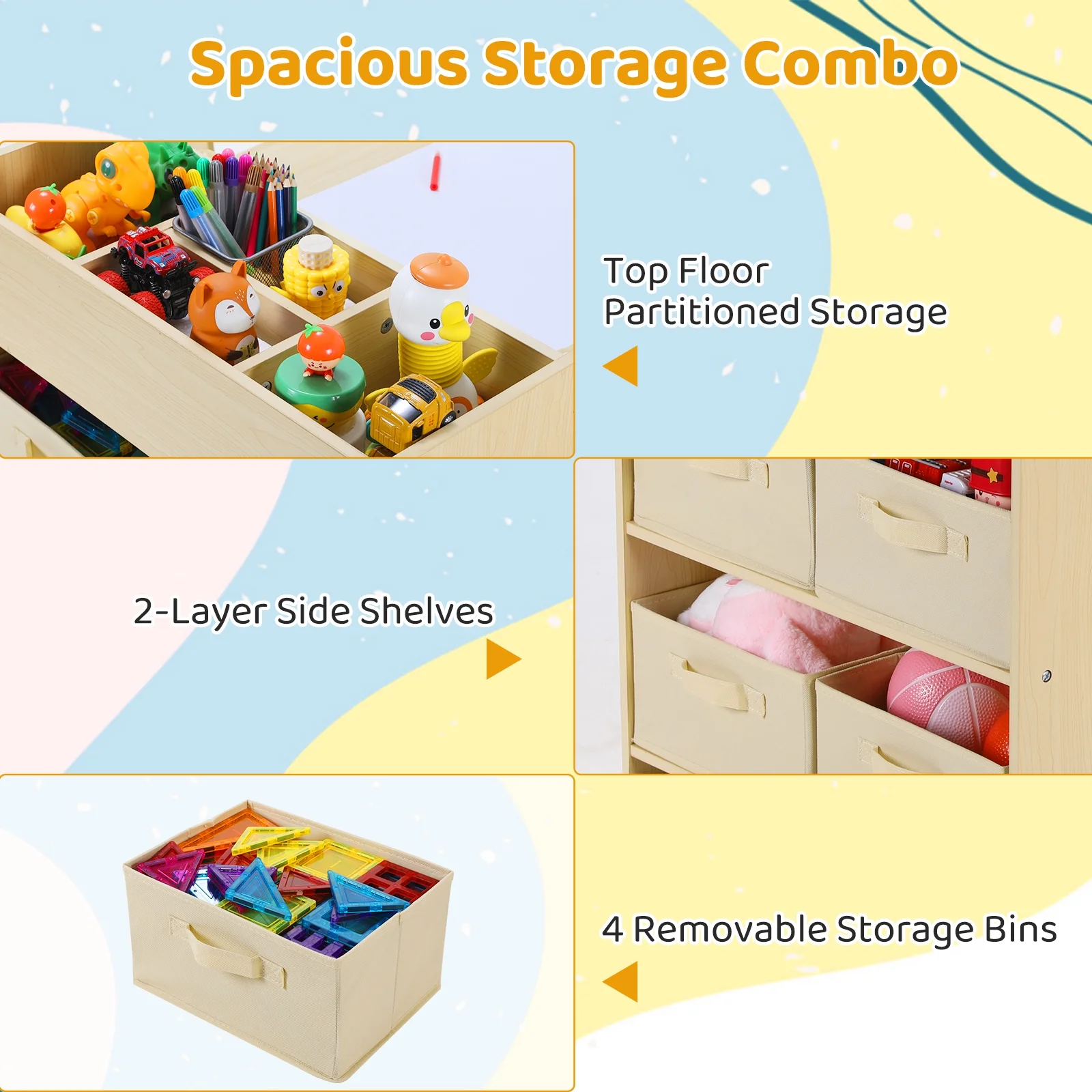 Pirecart Kids Art Table and 2 Chairs Toddler Craft Set Wooden Play Activity Drawing Table with 4 Storage Bins and Paper Roll - Image 8