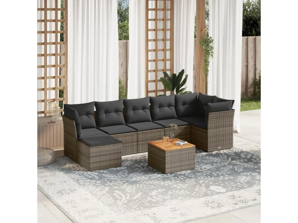 Set de sofás de jardín 8 pzas y cojines ratán sintético gris MCKQ12557