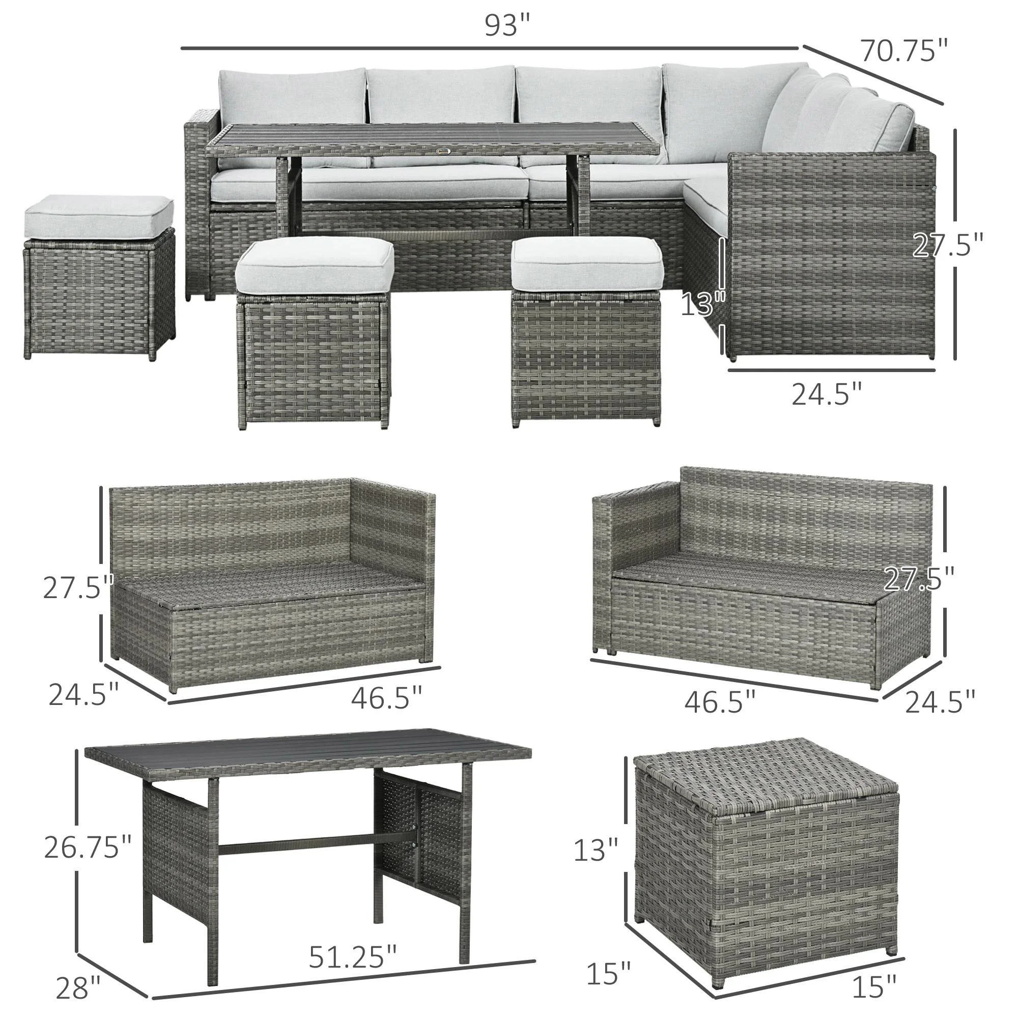 Resenkos Wicker Outdoor Patio Furniture Set, L-Shaped 7 Pieces Outdoor Dining Sectional Sofa, Gray - Image 11
