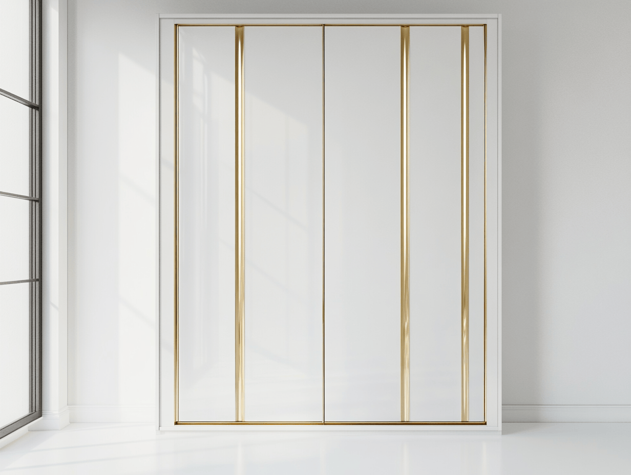 Armario blanco alto brillo con puertas correderas y perfiles dorados 160x60x220cm para dormitorio