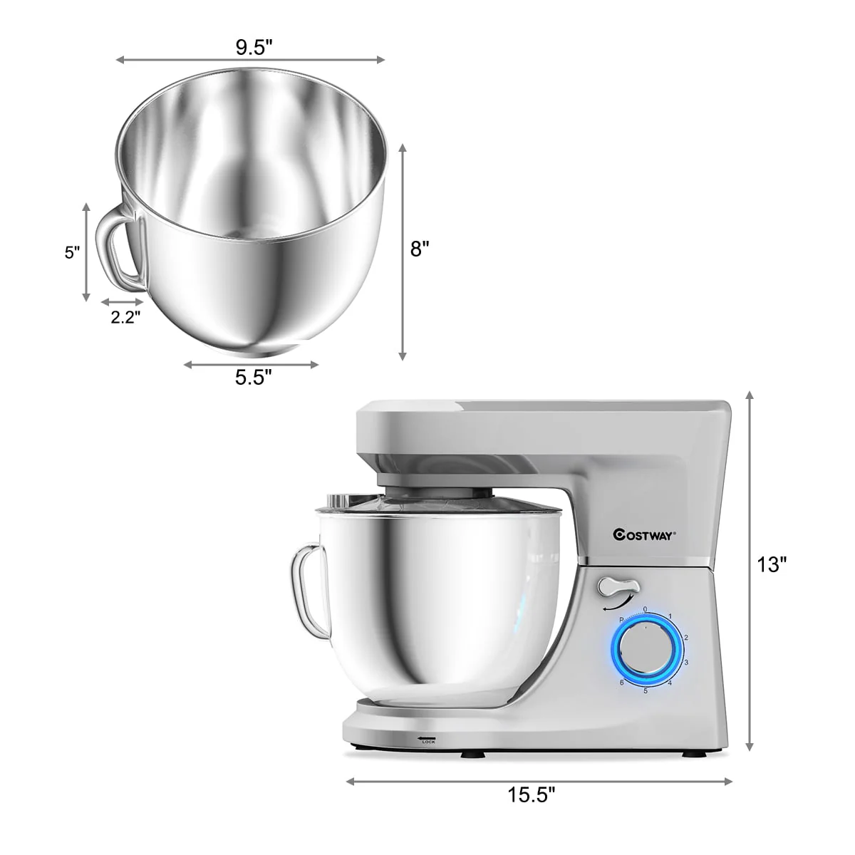 Costway Tilt-Head Stand Mixer 7.5 Qt 6 Speed 660W with Dough Hook, Whisk & Beater Silver - Image 2