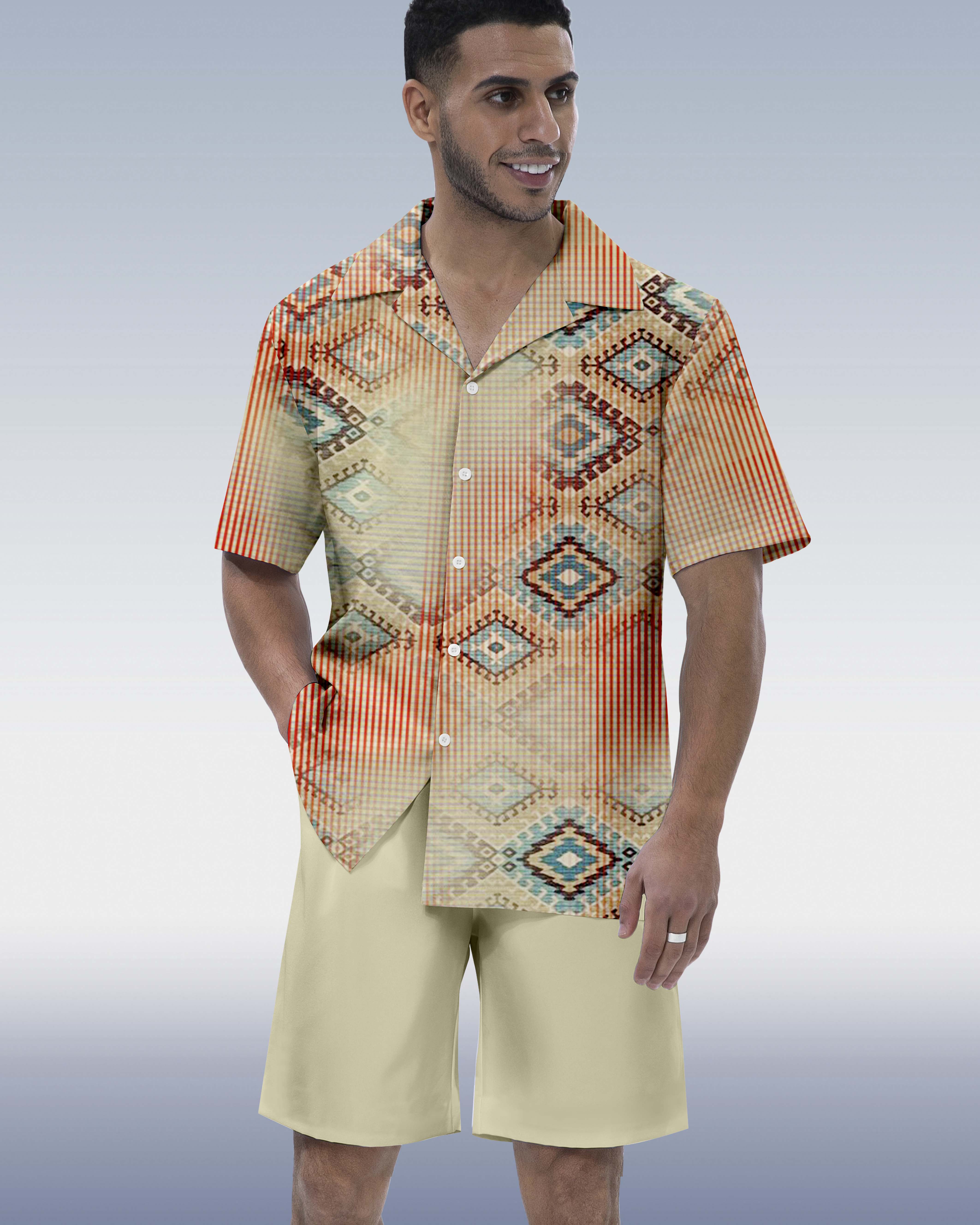 Men's Ombre Contrast Ethnic Print Hawaiian Vacation Short Sleeve Suit 069