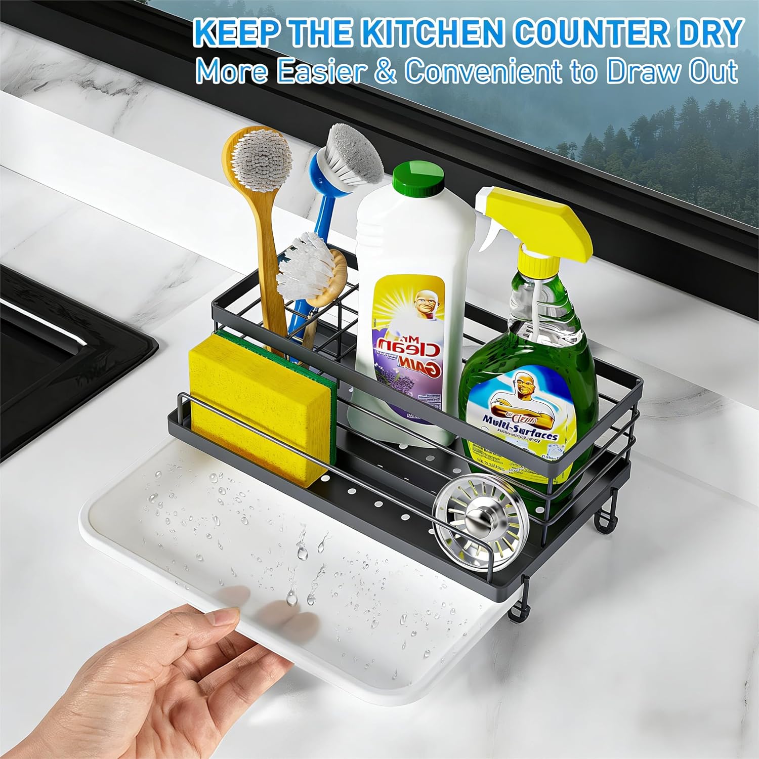 Cisily Gray Sponge Holder for Kitchen, Sink Caddy Sink Organizer Rack for Kitchen Accessories with Drip Tray, Rustproof and Non-slip, Soap Dispenser Countertop Organizer Essentials for New Home
