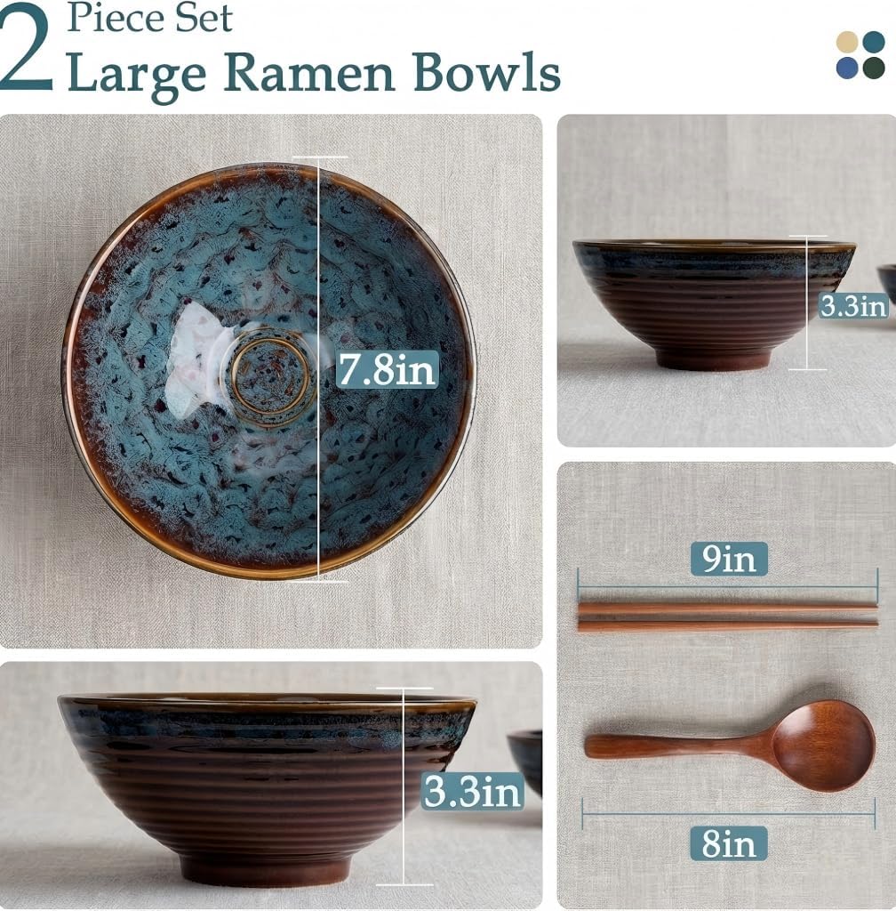 JJOO Ramen Bowl, 8 inch Large Ceramic Ramen Pho Noodle Bowls Set with Chopsticks and Spoons, Japanese Style, Set of 2