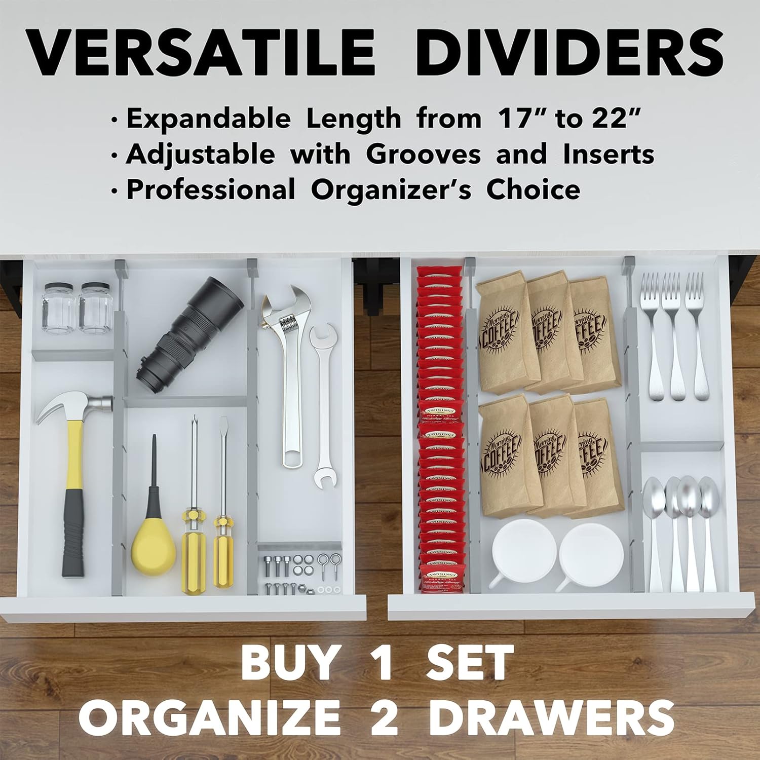 SpaceAid Bamboo Drawer Dividers with Inserts and Labels, Kitchen Adjustable Drawer Organizers, Expandable Organization for Home, Office, Dressers, 4 Dividers with 9 Inserts (17