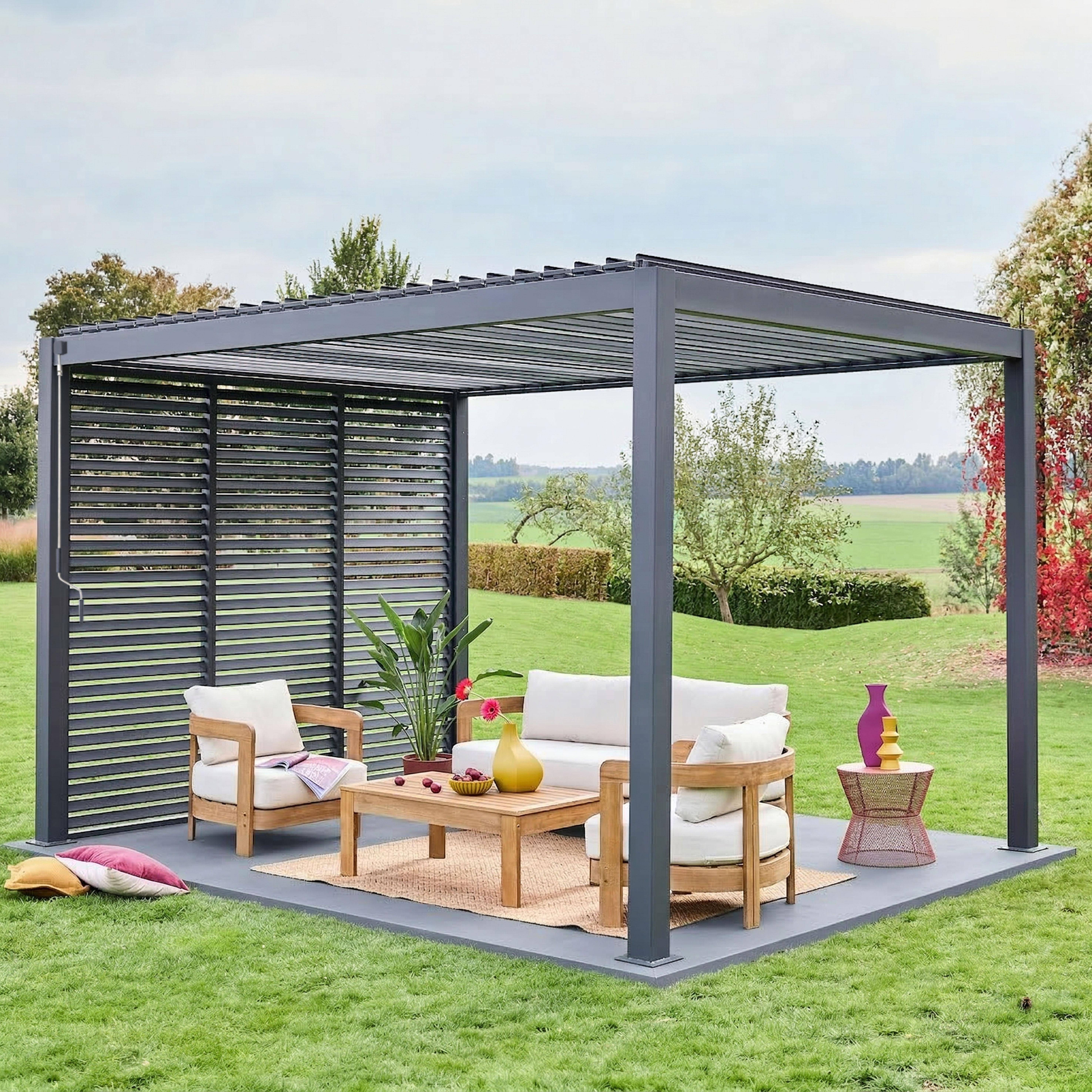 Triomphe 3x4m + accesorios - Pérgola bioclimática de aluminio 3x4m + 3 persianas de 1m